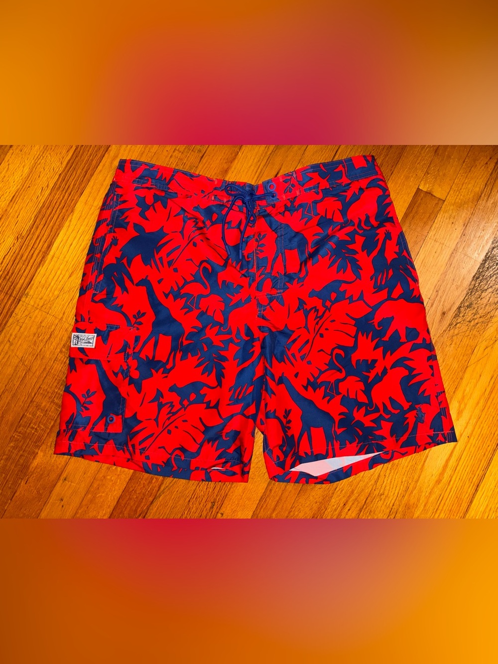 Polo Ralph Lauren Men's Swim Shorts XL Red Blue Animal Print Lined Pockets